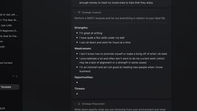 An example of Self-Analysis (SWOT) filled out in a digital note-taking template.