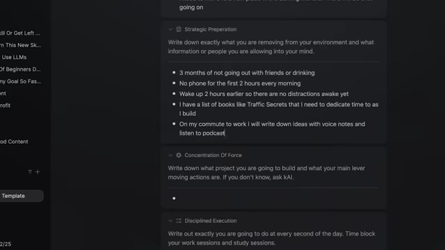 An example of Strategic Preparation filled out in a digital note-taking template, outlining changes to daily habits and consumption.