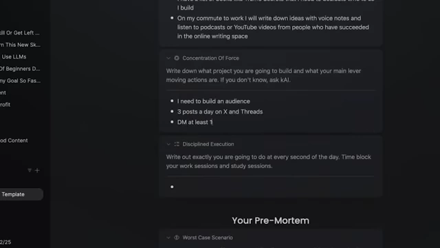 An example of Concentration of Force filled out in a digital note-taking template, showing a project to build an audience and daily tasks.
