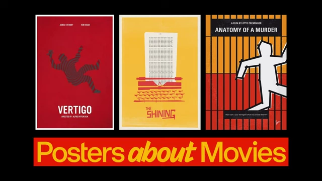 A visual comparison between classic minimalist movie posters by Saul Bass (e.g., Vertigo, The Shining, Anatomy of a Murder) and text stating "Posters about Movies".