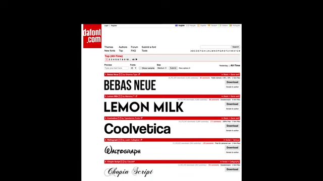 A screenshot of DaFont.com's most downloaded typefaces, showing Bebas Neue at the top with over 25 million downloads.