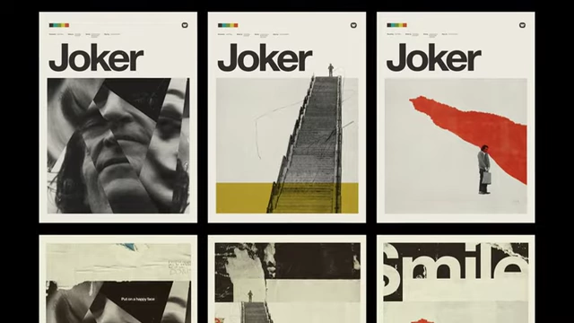 A grid showing six different minimalist posters for the movie Joker by Patrick Concepcion, displaying various artistic interpretations.