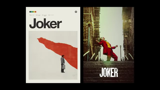 A visual comparison of Patrick Concepcion's minimalist Joker poster with the original theatrical movie poster for Joker, highlighting the artistic contrast.