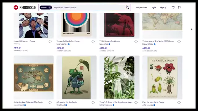 A Redbubble browsing page showing various poster designs for sale.