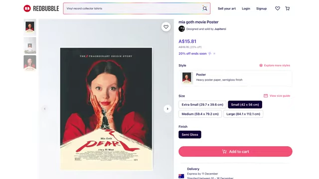 The Redbubble product page for the official Pearl movie poster, listed as "Mia Goth movie Poster".
