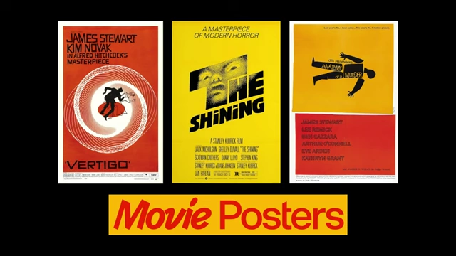 A collection of classic minimalist movie posters by Saul Bass (Vertigo, The Shining, Anatomy of a Murder), labeled as "Movie Posters."