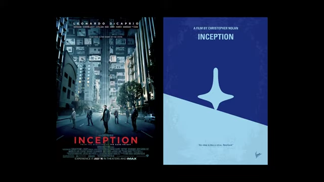 A comparison between the original theatrical poster for Inception and a minimalist version featuring a spinning top.