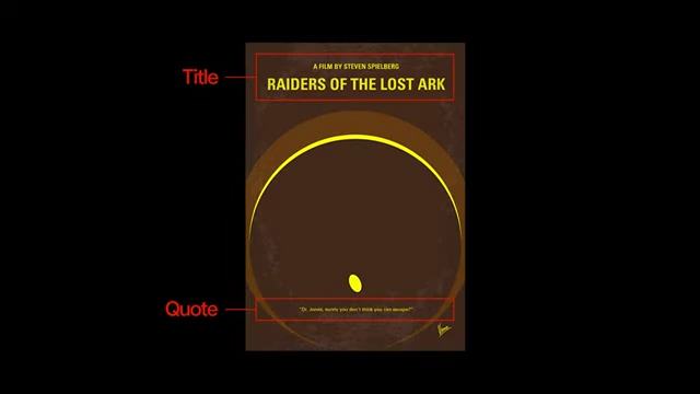 Chung Kong's minimalist poster for Raiders of the Lost Ark, annotated to show the title and quote placement.