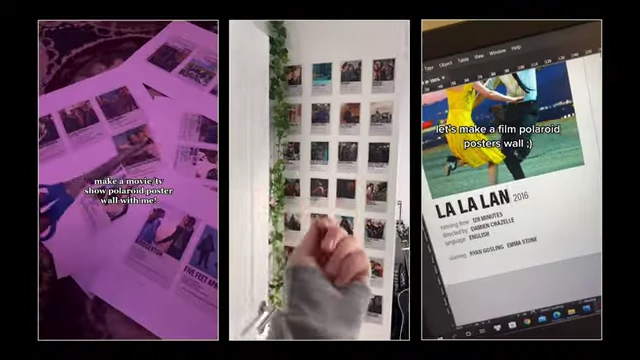 A triptych showing individuals creating and displaying Polaroid-style movie poster walls.