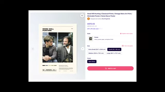 A Redbubble listing for a Good Will Hunting poster using a different font, labeled "Ethereal Vibes."