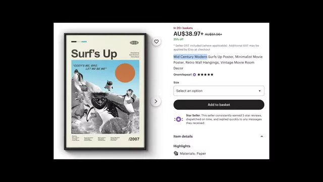 An Etsy listing for a "Surf's Up" Mid Century Modern poster, showing the commercialization of the term.