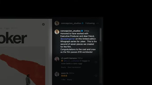 Instagram caption from Concepcion Studios, explaining the Joker lithograph series.