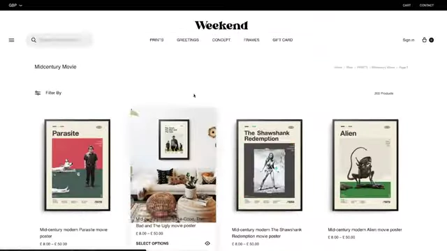The Weekend website displaying a gallery of Mid-Century Modern style movie posters.