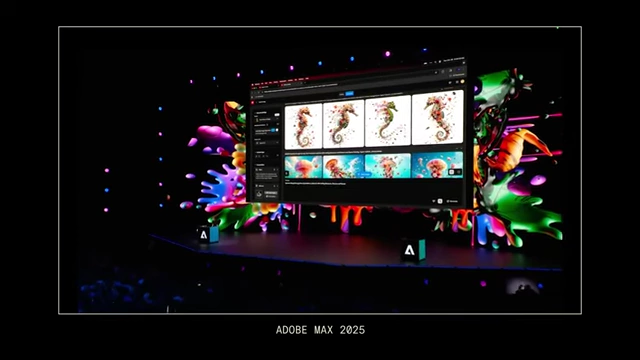 A screenshot of an Adobe Max 2025 presentation showcasing generative AI features in design software.