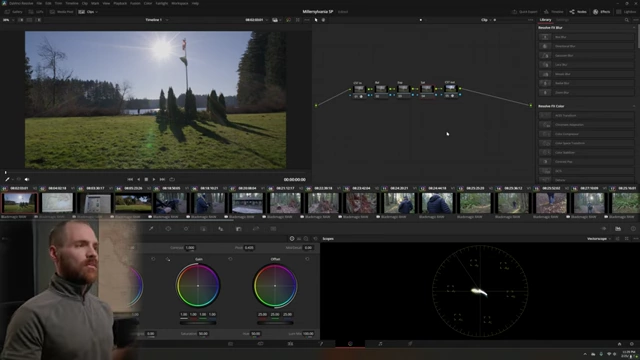 DaVinci Resolve Color Page Interface with Node Graph, Viewer, and Scopes