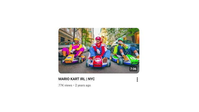 The thumbnail for "MARIO KART IRL | NYC", an example of a video with a "creative edge".