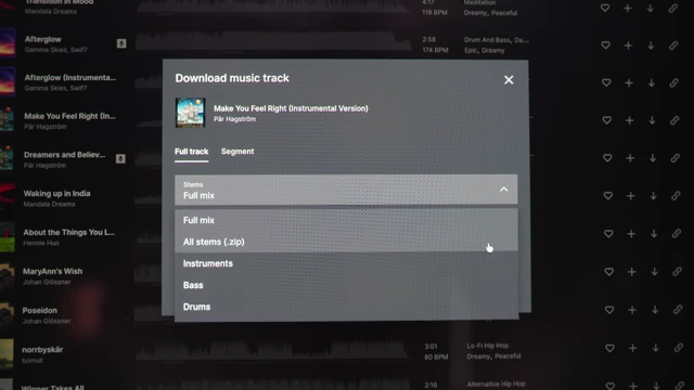 The Epidemic Sound interface showing the option to download individual stems (instruments, bass, drums) from a track.