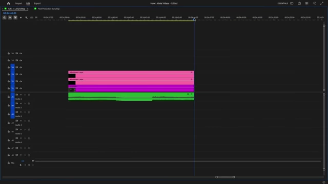 A complex Premiere Pro timeline with many adjustments, showing the result of an efficient editing workflow.