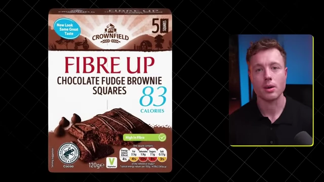 A box of "Fibre Up Chocolate Fudge Brownie Squares", an example of a fiber bar used to manage sweet cravings without overeating.