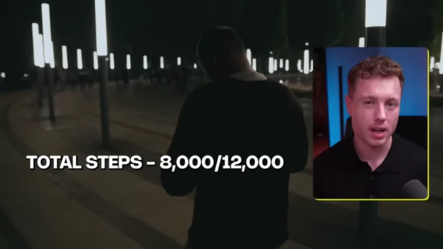 A person walking at night, with an overlay showing "TOTAL STEPS - 8,000/12,000", demonstrating daily step tracking.
