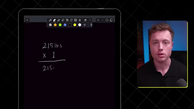 A tablet screen showing the calculation "215lbs x 1 = 215g", indicating the protein target.