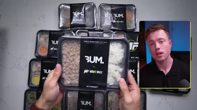 A stack of commercial meal prep containers, which the speaker explains he would avoid during an aggressive fat loss phase.