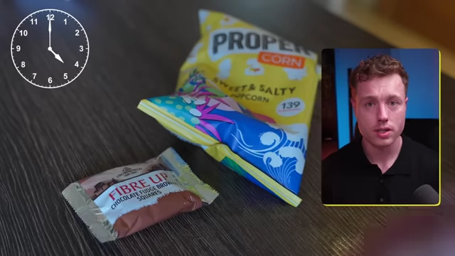 A bag of popcorn and a fiber bar, representing typical mid-afternoon snacks for satiety.
