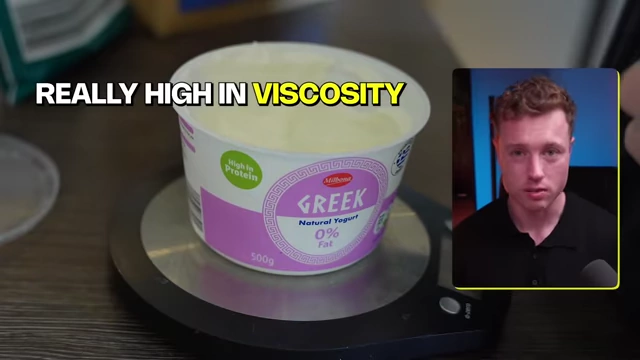 A container of 0% fat Greek yogurt, with an overlay highlighting its "REALLY HIGH IN VISCOSITY" for satiety.
