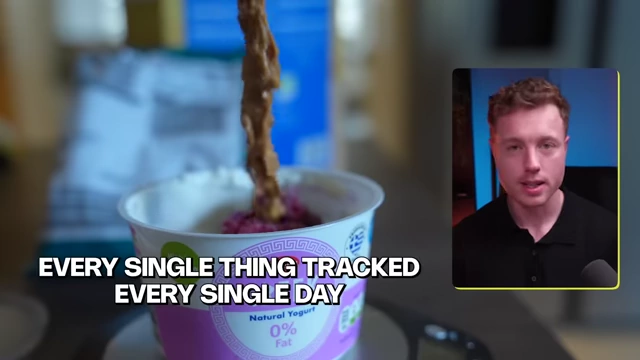 Peanut butter being added to Greek yogurt with cereal and fruit, illustrating the consistent final meal of the day.