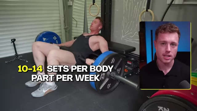 Adam McDonald performing hip thrusts, with an overlay stating "10-14 SETS PER BODY PART PER WEEK".