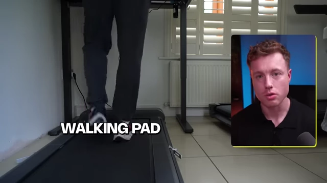 A person walking on a "walking pad" (home treadmill) while working, indicating a method for hitting step goals.