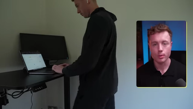 A person standing at a desk with a laptop, using a walking pad underneath, illustrating how steps can be integrated into a workday.