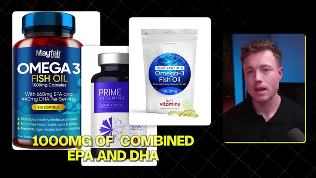 Images of various Omega-3 fish oil supplements, with an overlay indicating the recommended "1000MG OF COMBINED EPA AND DHA".