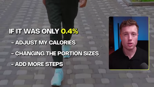 A person walking, with an overlay indicating options for adjustment: "CHANGING THE PORTION SIZES" or "ADD MORE STEPS".