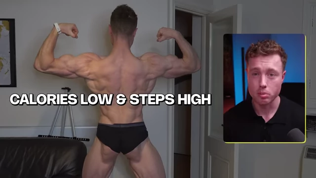 Adam McDonald posing with an overlay stating "CALORIES LOW & STEPS HIGH", representing the state towards the end of a very lean phase.