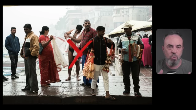 A red X marks two overlapping figures in a crowded scene, illustrating the compositional mistake of allowing subjects to overlap.