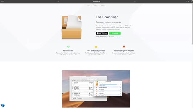 The Unarchiver website showcasing its broad compatibility with various archive formats