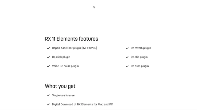 iZotope RX 11 Elements features list, including Repair Assistant, De-click, and De-clip