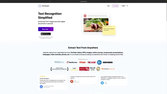 Text Sniper product page showing a demo of text being captured from an image