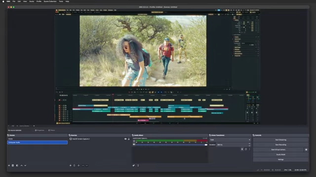 OBS Studio user interface showing various video sources and audio mixers for screen recording