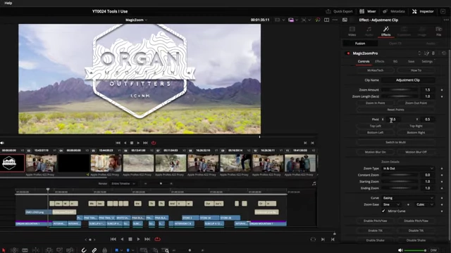 DaVinci Resolve timeline demonstrating MagicZoom applied to an adjustment clip with zoom controls in the inspector