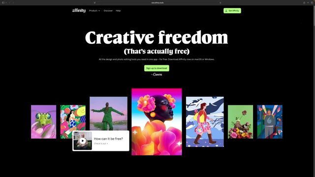 Affinity software website promoting its free creative design tools as an alternative to Adobe