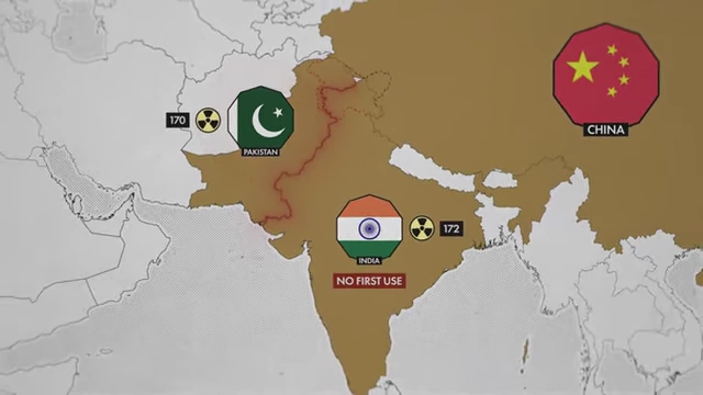 Map showing nuclear arsenals and doctrines of India, Pakistan, and China, including India's "No First Use" policy.
