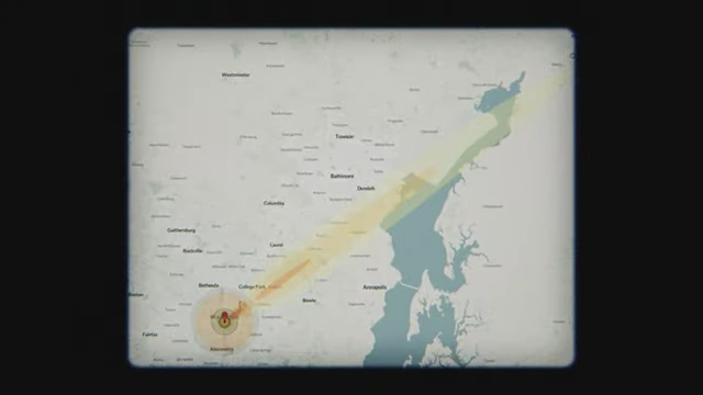 Projected radioactive fallout pattern over the Washington D.C. area.