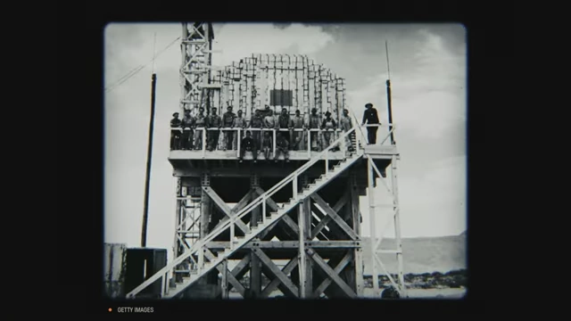 Construction of the Trinity test tower during the Manhattan Project.