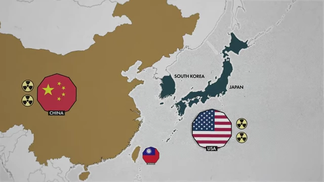 Map illustrating the US "nuclear umbrella" protecting South Korea and Japan.