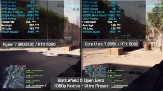 Ryzen 7 9800X3D与Core Ultra 7 265K在1080p超高画质非激战区的对比，9800X3D表现出显著优势。