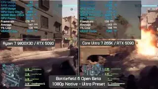 Ryzen 7 9800X3D与Core Ultra 7 265K在1080p超高画质激战区的对比，性能差距比例与非激战区保持一致。