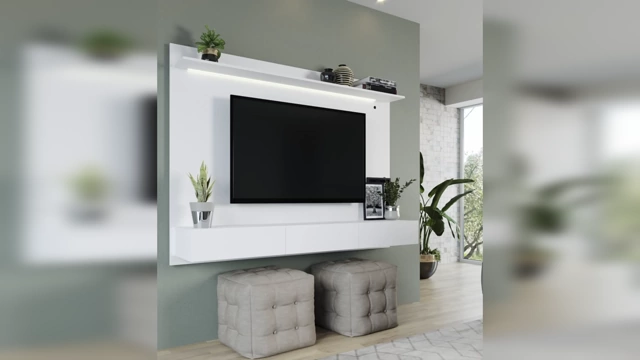 A wall-mounted TV set within a small, floating white panel that doesn't extend to the edges of the television, making it appear undersized.