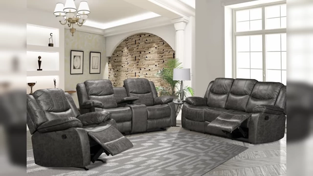 A living room furniture set including a recliner, a sofa with recliners, and an ottoman, all matching in a bulky, comfort-focused style.